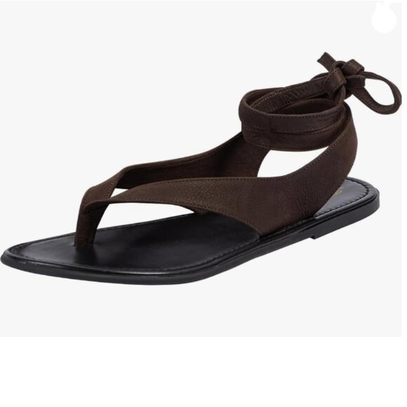 FOWT Dark Brown Split Round Toe Sandals Lace up Strappy Summer Soft Flip Flop - Picture 1 of 8